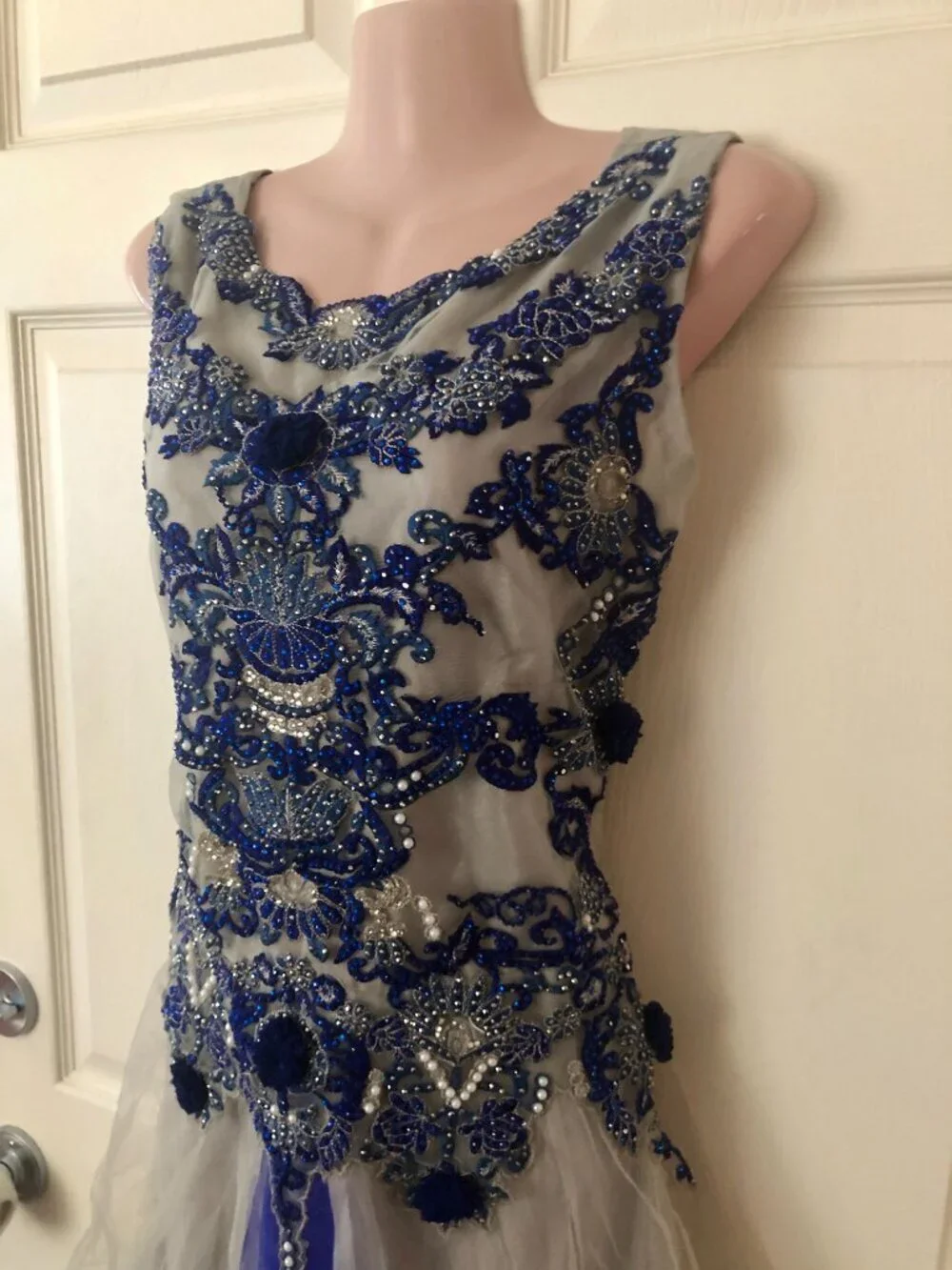 Formal Prom Maxi Dress S/M Embroidered Grey & Blue Indian Style Anarkali Gown - Picture 6 of 15